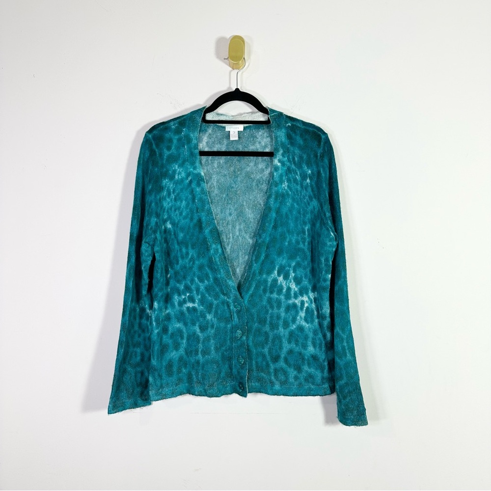 Chico's Teal Blue Leopard Print Mohair Blend Button Front Cardigan Sweater